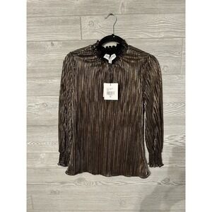 Alex & Parker Gold Metallic Plisse Mock Neck Ruffle‎ Blouse NWT Mens S